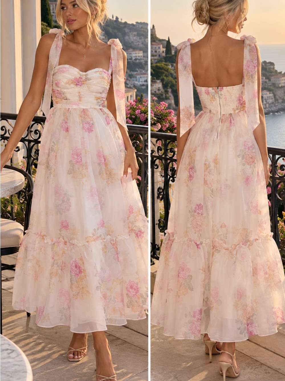 Petal & Pup Soft Pink Floral Tie-Shoulder Maxi Dress